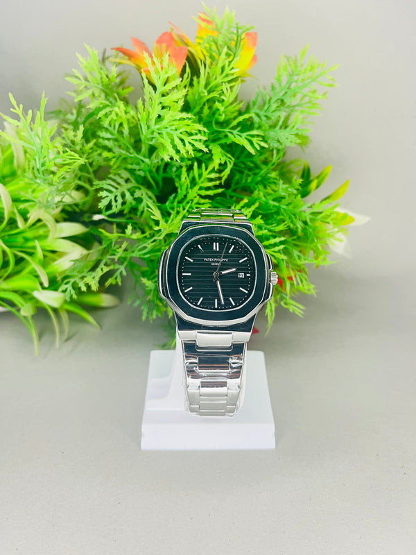 Patek Philippe Silver Black Dial Watch – Stainless Steel Luxury Men’s Timepiece| TIMESTIL